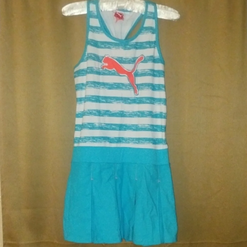Puma Blue & White Tank Top Skirt Striped Pattern Logo - Picture 4 of 4